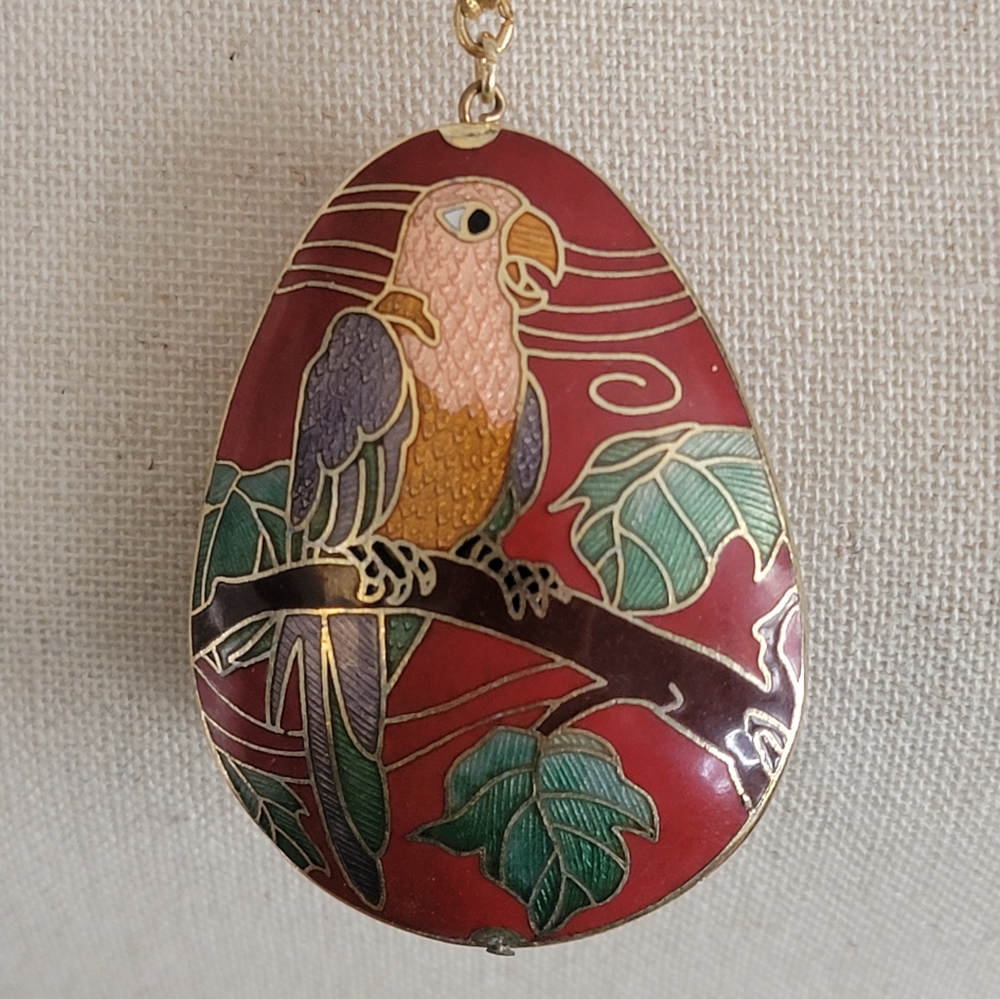 Vintage Freirich Cloisonné Bird Pendant Necklace Gold Tone 24"